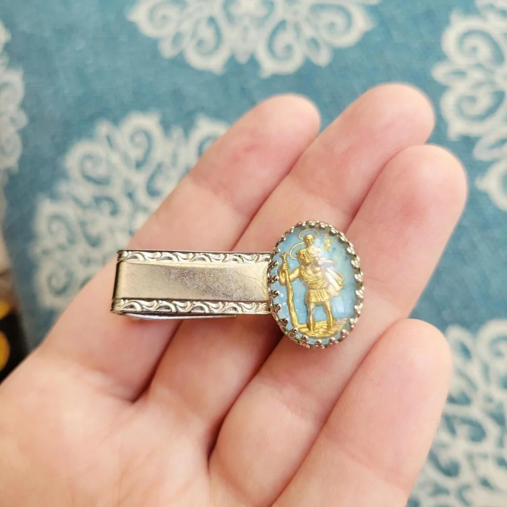 *RARE* Vintage Saint St Christopher Baby Blue, Gold, & Silver Oval Tie Clip